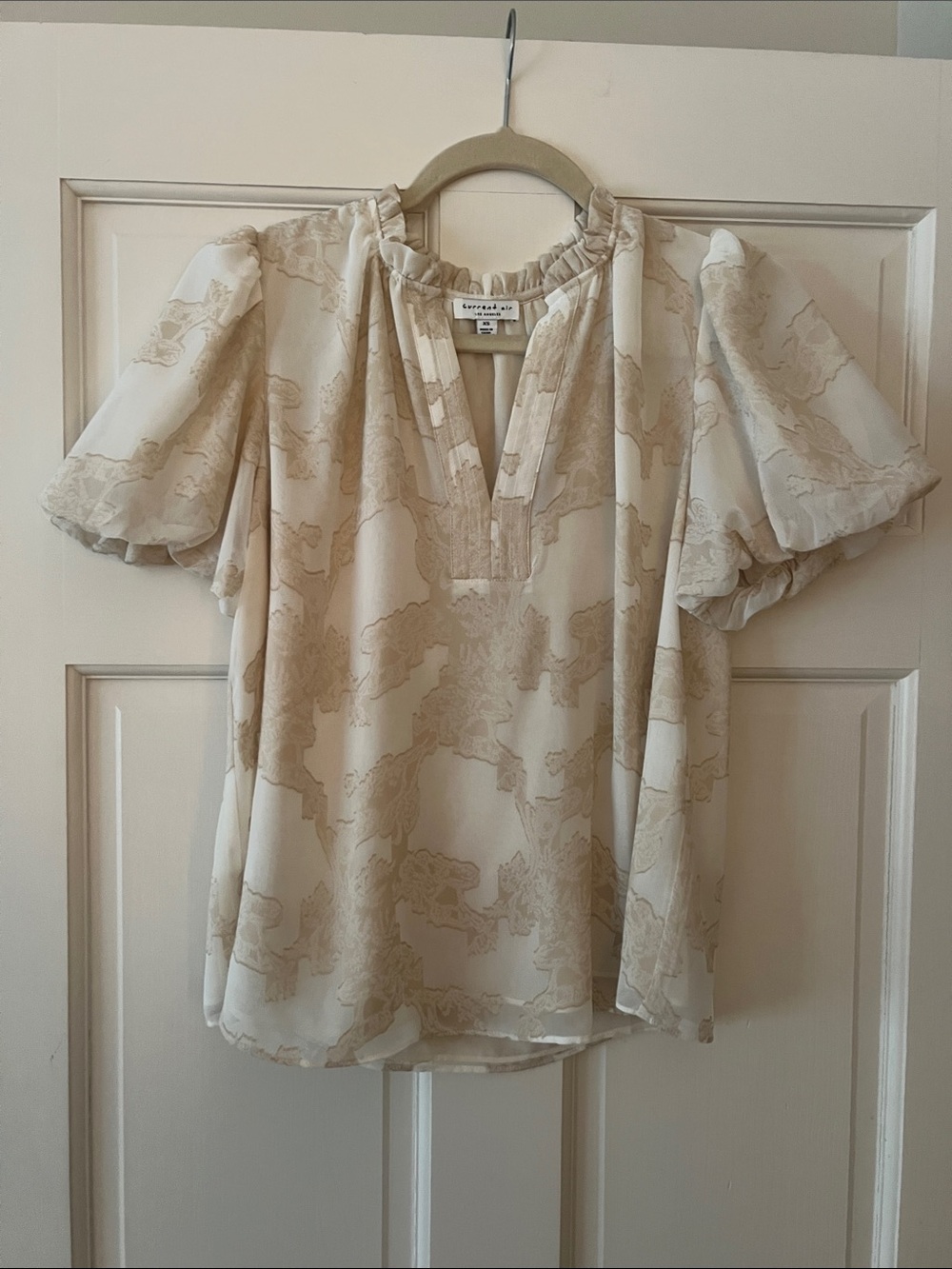 Current Air Cream and Beige Printed Flutter-Sleeve Blouse